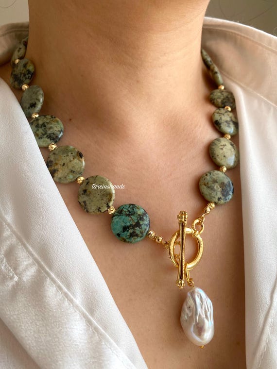 African Turquoise Statement Necklace, Baroque Pearl Pendant, Gold Plated Gemstone Jewelry, Stone of Evolution Gift, Teal Green Jasper