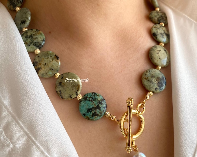 Natural African Turquoise Gold Toggle Necklace with Real Big Baroque Pearl Pendant,Chunky Big Bold Turquoise Pearl Necklace,Summer Necklace