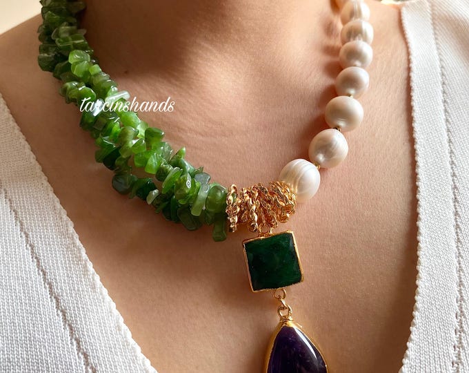 Jade and Baroque Pearl Necklace,Aventurine and Amethyst Pendant Chunky Semi Precious Stone Necklace,Half Half Gemstone Pearl Statement