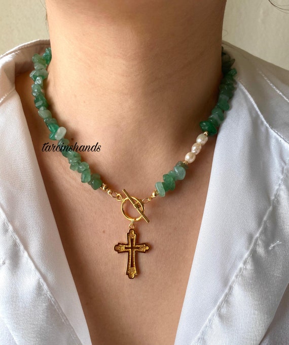 Aventurine Cross Necklace: Freshwater Pearl Gold-Plated Toggle