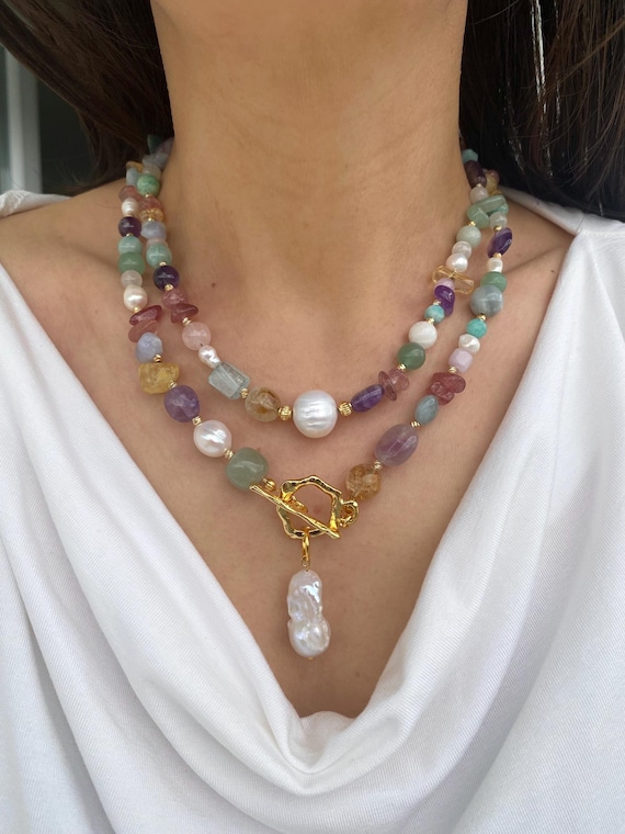 Multistrand Mixed Pastel Gemstone Necklace,Baroque Pearl Gold Plated Jewelry,One Of A Kind Necklace