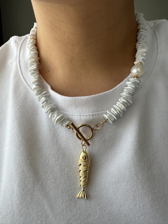 White Shell Chip Necklace: Gold Fish Pendant, Freshwater Pearl - Boho Coastal