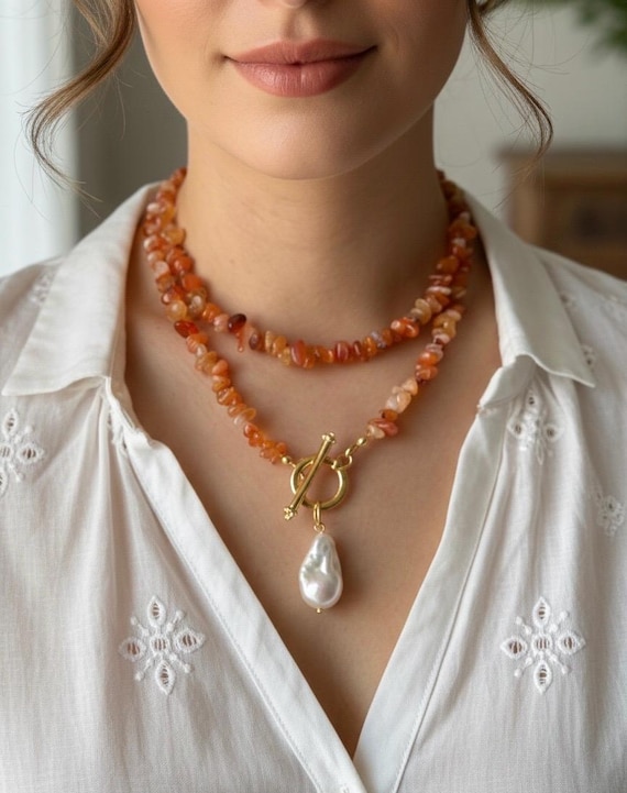 Orange Agate Long Necklace, Gold Toggle Clasp, 33 Inch Wrap Beads, Convertible Double Layer, Vibrant Gemstone Jewelry, Versatile Gift