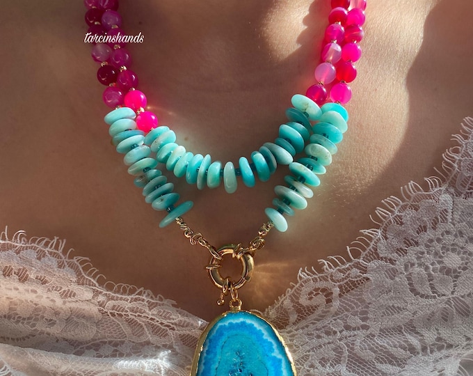 Multistrand Amazonite and Pink Agate Necklace with Raw Quartz Pendant,Chunky Gemstone Boho Necklace,Colorful Summer Necklace,Gift Idea