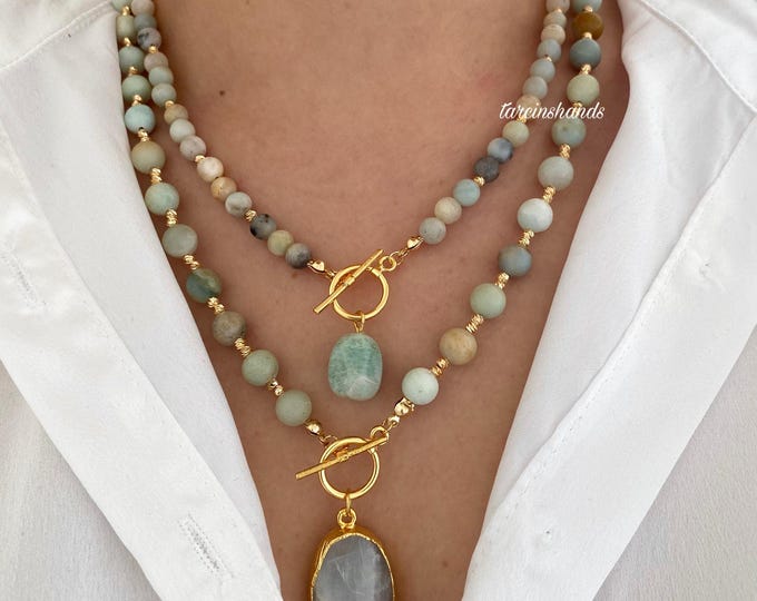Multistrand Amazonite Gold Toggle Necklace with Moonstone Pendant, Chunky Gemstone T Bar Necklace , Genuine Amazonite Necklace For Woman