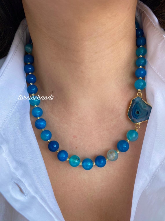 Blue Moss Agate Gold Filled Necklace: Chunky Boho Gemstone Jewelry