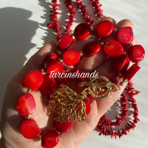 Multistrand Red Coral Necklace with Gold Plated Coral Pendant Bohemian Style image 8