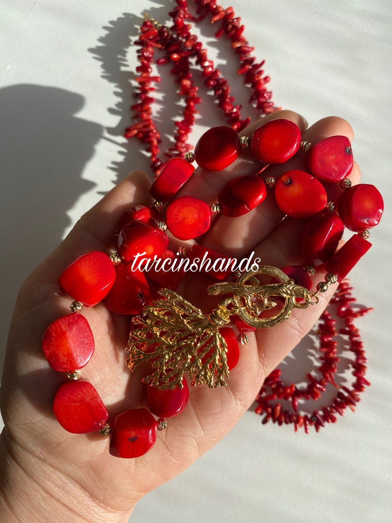 Multistrand Red Coral Necklace with Gold Plated Coral Pendant Bohemian Style image 8