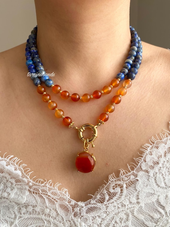 Lapis Lazuli & Orange Agate Multistrand Necklace with Gold-Plated Pendant