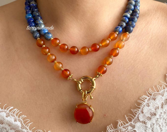 Multistrand Lapis Lazuli and Orange Agate Gold Filled Necklace with Orange Agate Pendant,Multicolor Semi Precious Stone Necklace