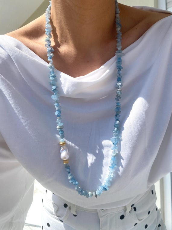 Long Aquamarine Chips Necklace, Baroque Pearl, Gold Plated, Boho Statement Jewelry