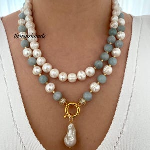 Aquamarine Pearl Necklace: Gold-Plated Multistrand Baroque Pendant