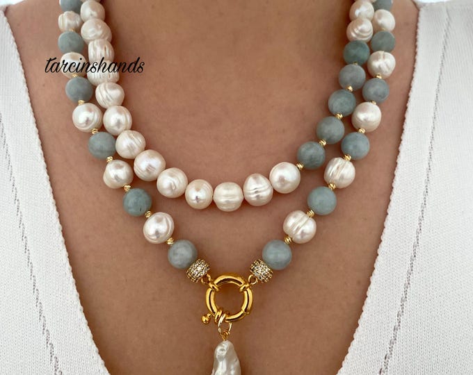 Multistrand Aquamarine and Freshwater Pearl Necklace with Baroque Pearl Pendant, Statement Aquamarine Necklace, Blue Semi Precious Stone
