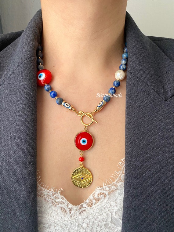 Lapis Lazuli Necklace: Gold-Plated Red Evil Eye Charm, Freshwater Pearl