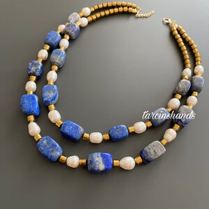 Lapis lazuli necklace with freshwater pearls , layered lapis necklace , multistrand lapis lazuli necklace , chunky raw lapis lazuli necklace image 3