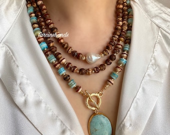 Multistrand Tibetan Agate Blue Mother of Pearl Stone Baroque Pearl Gold Filled Necklace with Turquoise Pendant , Brown Natural Stone