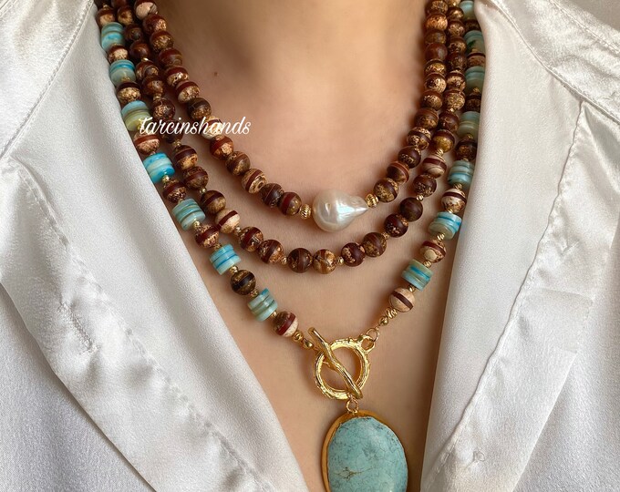 Multistrand Tibetan Agate Blue Mother of Pearl Stone Baroque Pearl Gold Filled Necklace with Turquoise Pendant , Brown Natural Stone