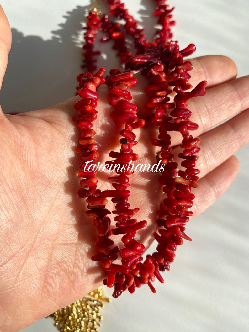 Multistrand Red Coral Necklace with Gold Plated Coral Pendant Bohemian Style image 9