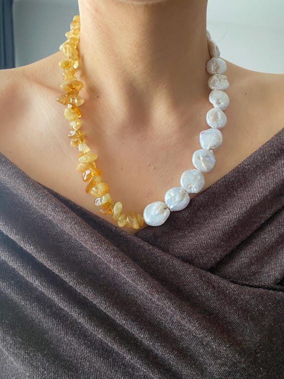 Half Citrine Half Coin Pearl Necklace, Gold Plated, Boho Statement Jewelry
