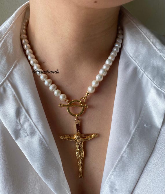 Freshwater Pearl Cross Necklace: Gold Toggle Clasp, 17.5 Inch