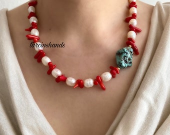 Chunky Necklace with Red Coral, Blue Turquoise, and Freshwater Pearls - Gold Plated Bead Accents- Anniversary Gifted