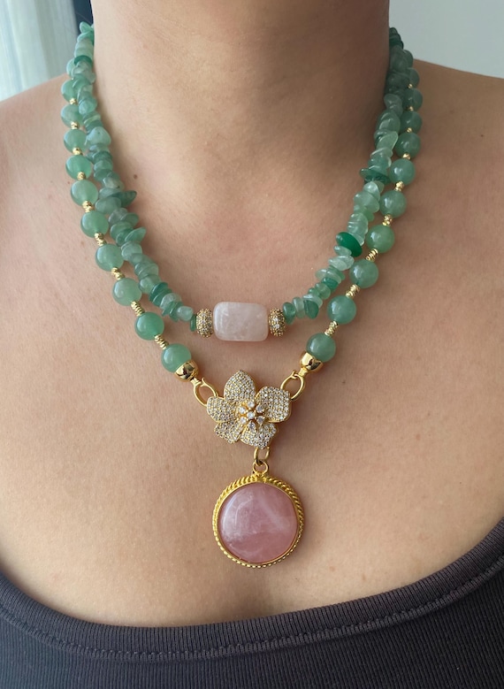 Aventurine & Rose Quartz Multistrand Necklace: Gold-Plated Floral Pendant