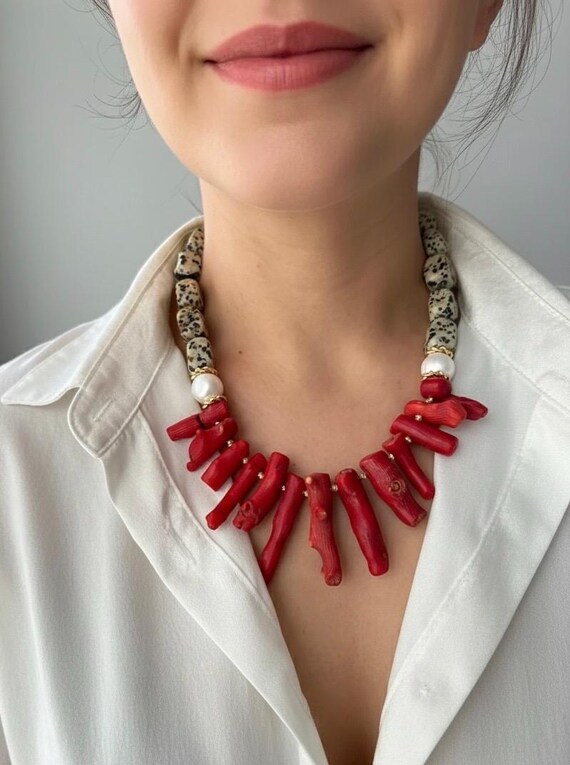 Boho Red Branch Coral Necklace, Dalmatian Jasper, Baroque Pearl Statement Jewelry