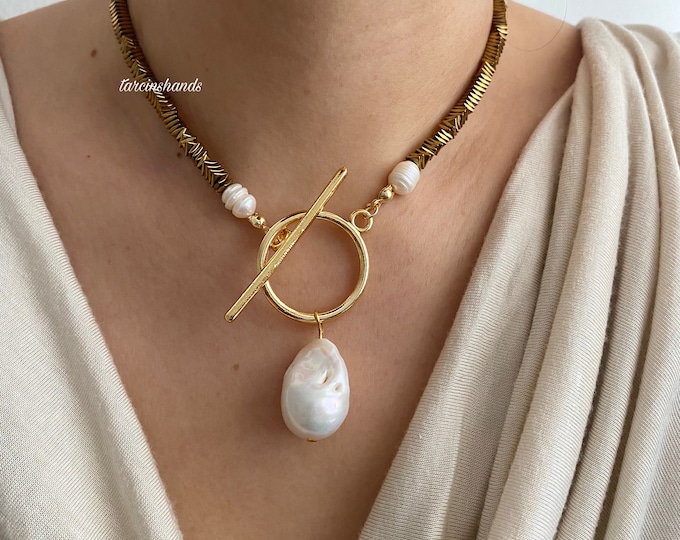 Gold Hematite Baroque Pearl T-Bar Choker Necklace , Gold Color Hematite Necklace , Statement Pearl Necklace , Real Big Pearl Necklace