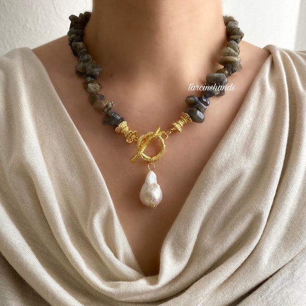 Chunky Labradorite Necklace with Baroque Pearl Pendant - Boho Gold Toggle Statement Jewelry Anniversary Gifted