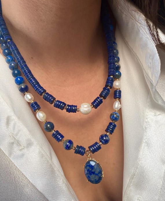 Lapis Lazuli Pearl Necklace, Gold-Plated Multistrand Bohemian Necklace