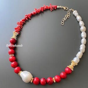 Red Coral Round Coral with Baroque Pearl Gold Plated Necklace - Anniversary Gift, Gift for Her - Red coral with pearl necklace