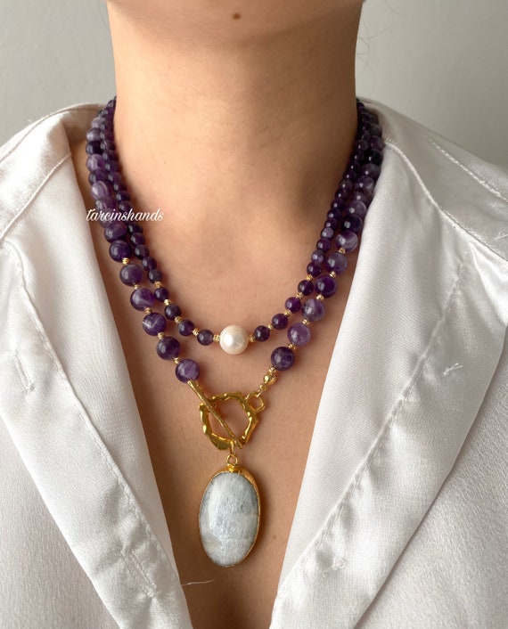Multistrand Amethyst Necklace: Gold Toggle, Moonstone Pendant, Pearl Accent