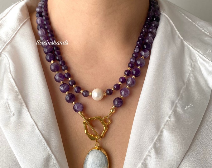 Multistrand Amethyst Gold Toggle Necklace with Moonstone Pendant , Chunky Natural Amethyst Necklace , Statement Purple Gemstone Necklace