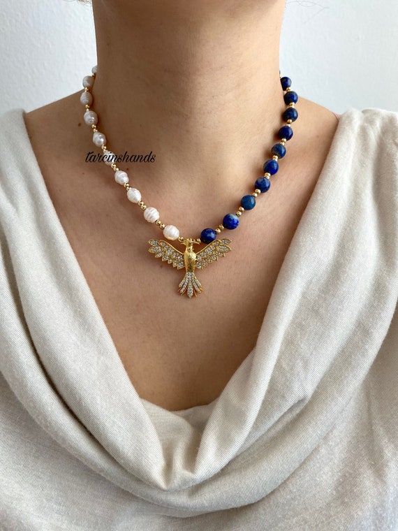 Lapis Lazuli & Pearl Necklace with Gold Phoenix Pendant