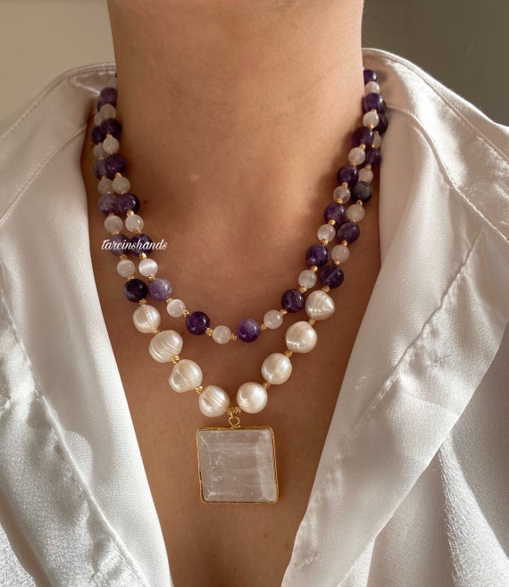 Multistrand Gold-Plated Necklace: Selenite Pendant, Amethyst & Pearl