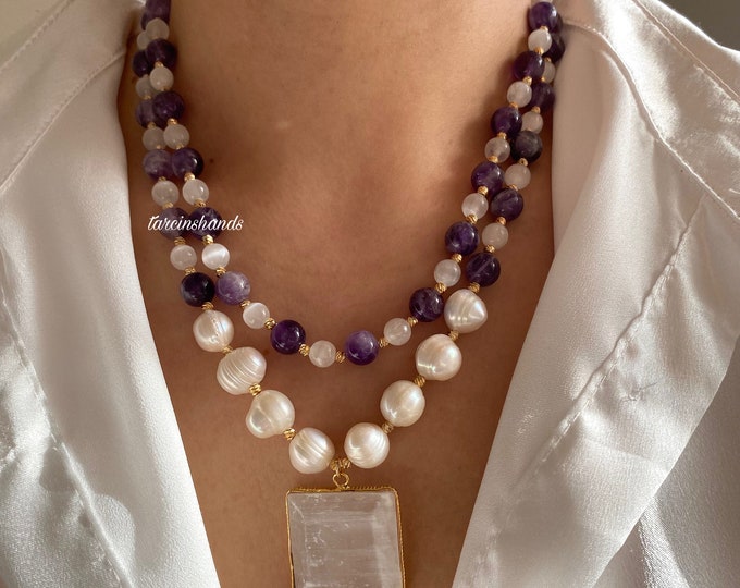Multistrand Selenite Amethyst Pearl Gold Necklace , Selenite Pendant Amethyst Necklace , Statement Multistone Necklace , Gift For Women