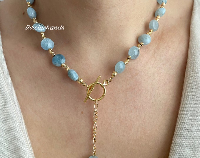 Aquamarine Beaded Gold Toggle Y Necklace , Beaded Aquamarine Dainty Gold Filled Necklace , Autumn Gemstone Necklace,Unique Aquamarine