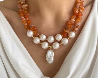 Collier multirangs en agate orange, bijoux en agate du Botswana de perles baroques plaquées or