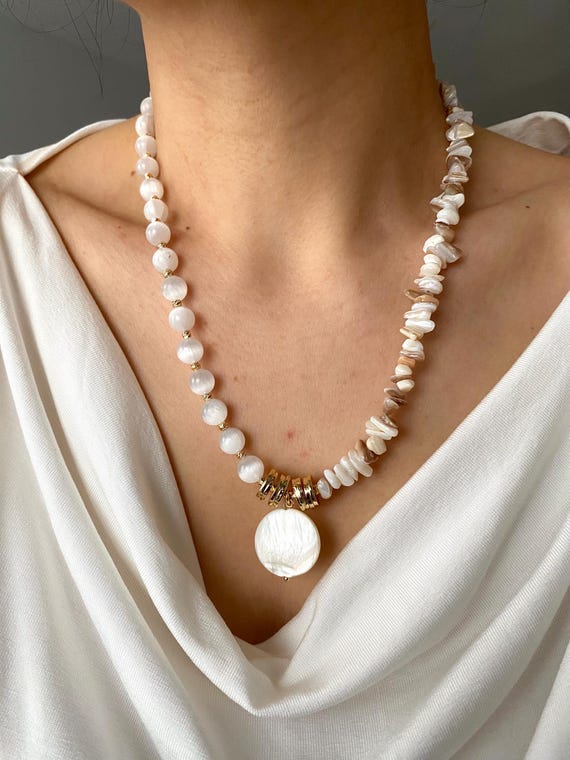 Asymmetrical Selenite Mother of Pearl Necklace, Gold Plated Boho Statement (19 inches)
