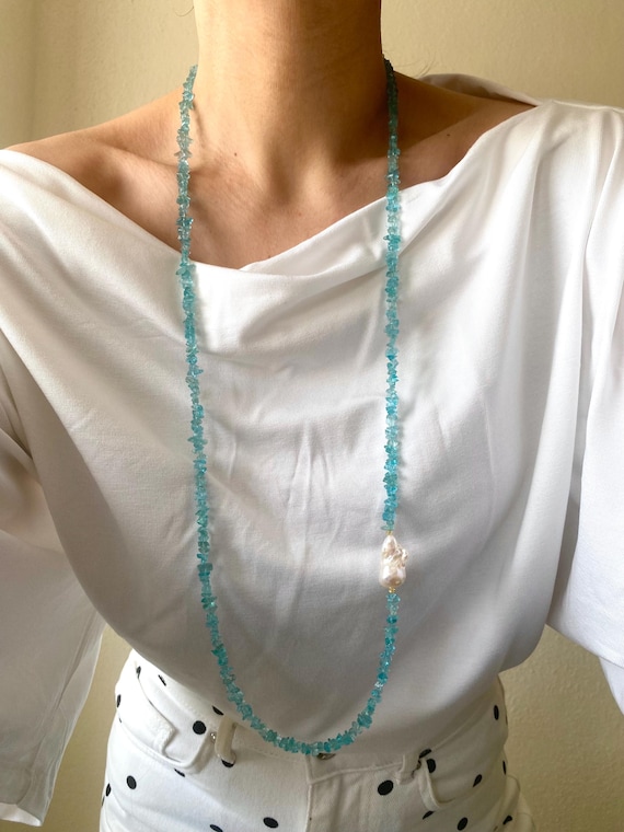 Long Apatite Gemstone Necklace with Baroque Pearl, Gold Filled Boho Jewelry