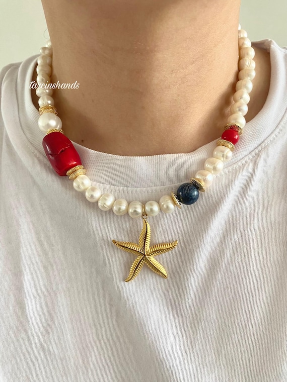 Pearl Lapis Lazuli Coral Necklace: Gold Starfish Pendant, Boho Summer