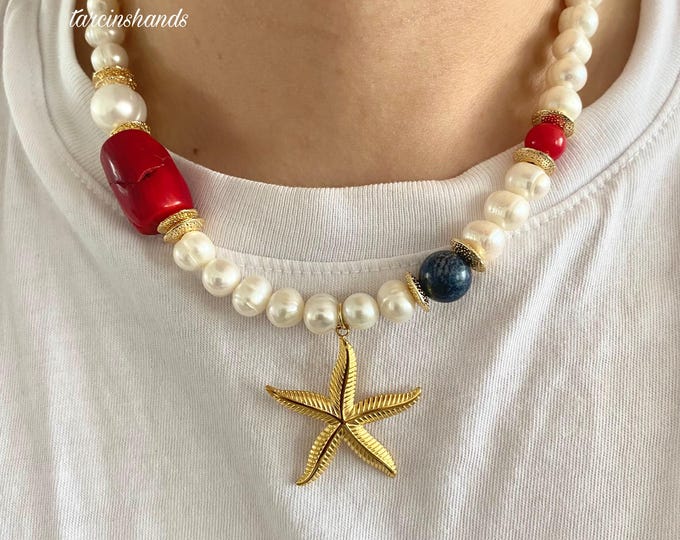 Natural Pearl Lapis Lazuli and Red Coral Necklace with Starfish Pendant,Summer Pearl and Gemstone Necklace Boho Semi Precious Stone Necklace