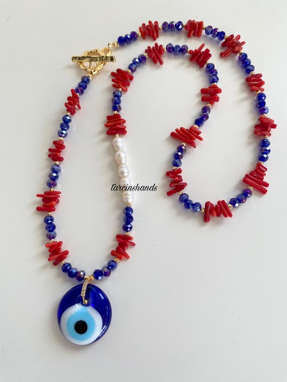 Red Coral Beaded Necklace: Evil Eye Charm, Freshwater Pearls, Gold Toggle