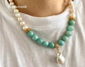 Amazonite & Baroque Pearl Necklace: Gold-Plated Boho Gemstone Jewelry