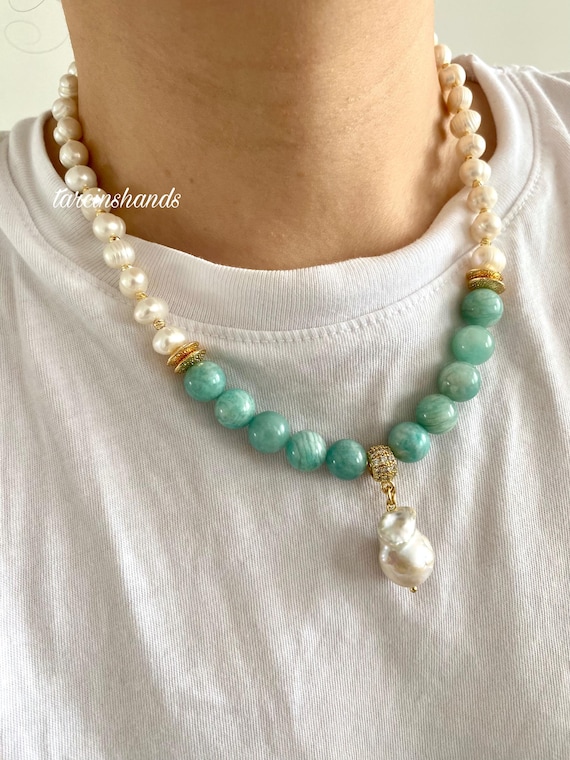 Amazonite Baroque Pearl Necklace, Gold Plated Ocean Jewelry, Soothing Blue Gemstone Choker, Summer Beach Gift, Natural Crystal Pendant
