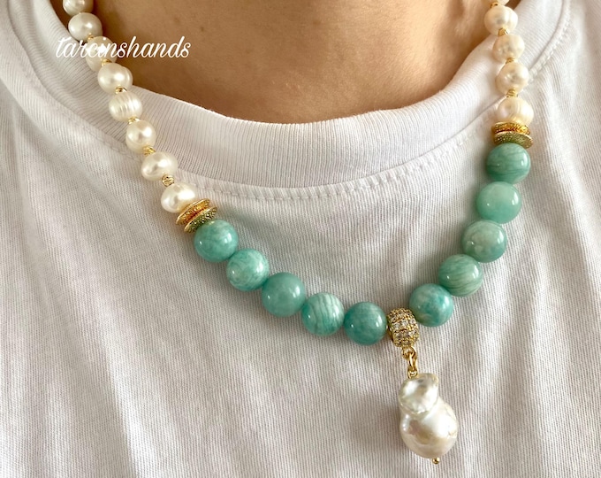 Amazonite and Natural Pearl Necklace with Baroque Pearl Pendant,Pearl and Gemstone Necklace,Blue Semi Precious Stone Sunmer Boho Necklace