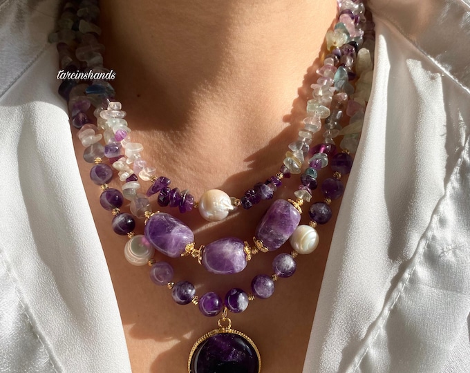 Multistrand Amethyst Fluorite Freshwater Pearl Gold Necklace,Chunky Gemstone Necklace, Statement Semi Precious Stone Necklace,Gift For Women