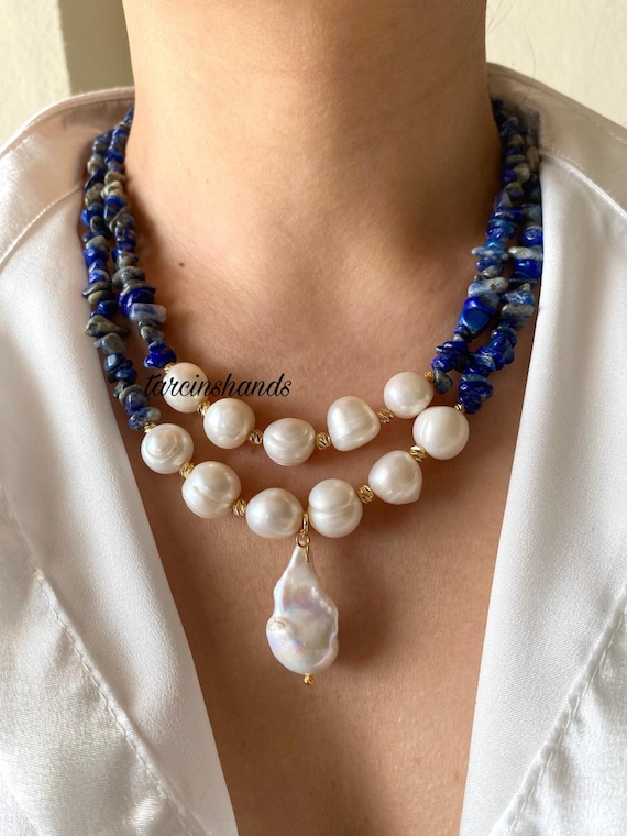 Lapis Lazuli & Freshwater Pearl Necklace with Baroque Pearl Pendant