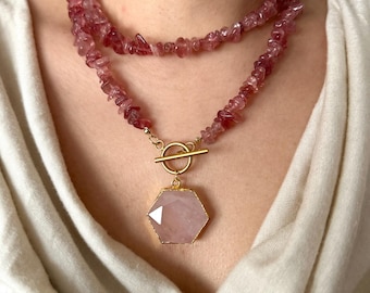 Rose Quartz Toggle Necklace: Gold-Plated Boho Wrap with Pink Quartz Pendant