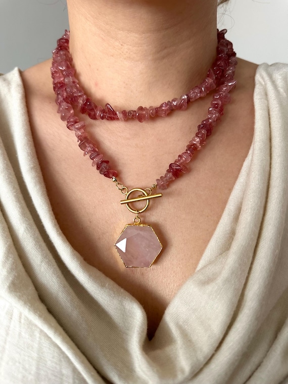 Rose Quartz Toggle Necklace: Gold-Plated Boho Wrap with Pink Quartz Pendant